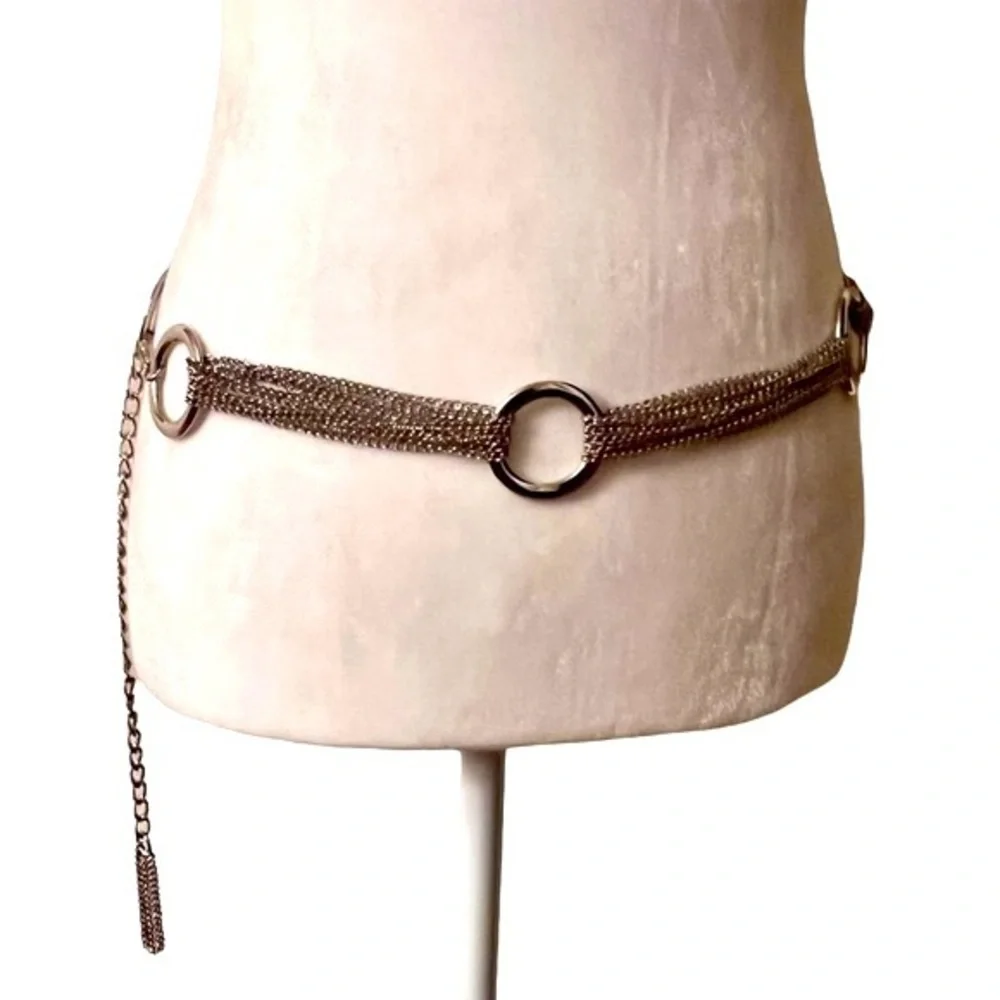 Silver Ring Multi-Chain Tassel Belt | Boho Layered Drape Waist Chain EUC